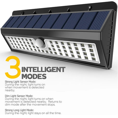 62 LED Solar Wall Lights With Motion Sensor Outdoor Security Lighting showcasing its three intelligent modes