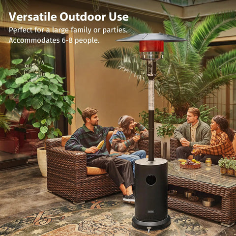 50,000 BTU Outdoor Patio Heater With Round Table Design in use on a patio with people seated around it, black color, ETL Certified.