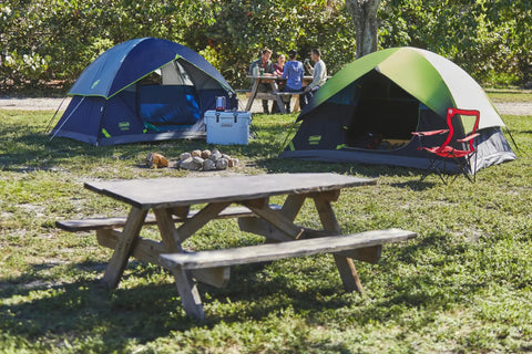 Easy Setup Sundome Camping Tent With Rainfly Weatherproof Shelter For 2 To 6 People pitched in a campsite with picnic table