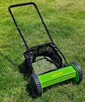 Effortless Manual Push Reel Lawn Mower With 14 Inch Cut, No Gas No Fuss, Five Blade Precision, Adjustable Height 0.6 To 1.8 Inches, Removable Grass Catcher Bag For Yard And Garden Lawn Care on grass with bag attached