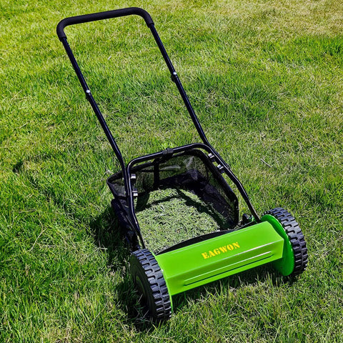 Effortless Manual Push Reel Lawn Mower With 14 Inch Cut, No Gas No Fuss, Five Blade Precision, Adjustable Height 0.6 To 1.8 Inches, Removable Grass Catcher Bag For Yard And Garden Lawn Care on grass with bag attached