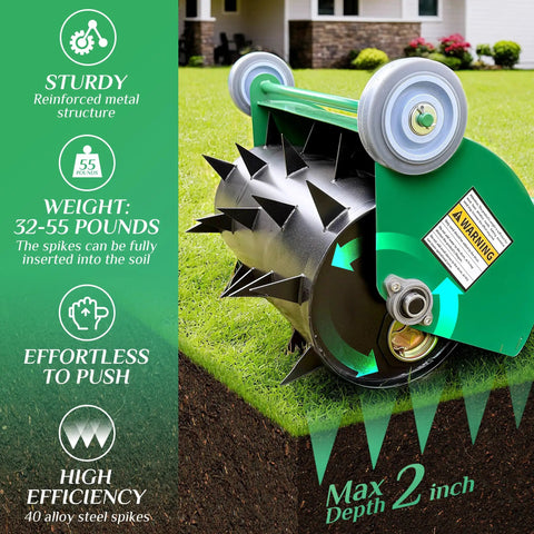 Rolling Lawn Aerator For Easy Lawn Care, Heavy Duty Push Spike Aerator Up To 55 Lbs with steel spikes on grass
