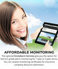 Smiling woman holding tablet with security app interface, promoting EnvisAlarm services for EVL 4EZR IP Security Interface Module.