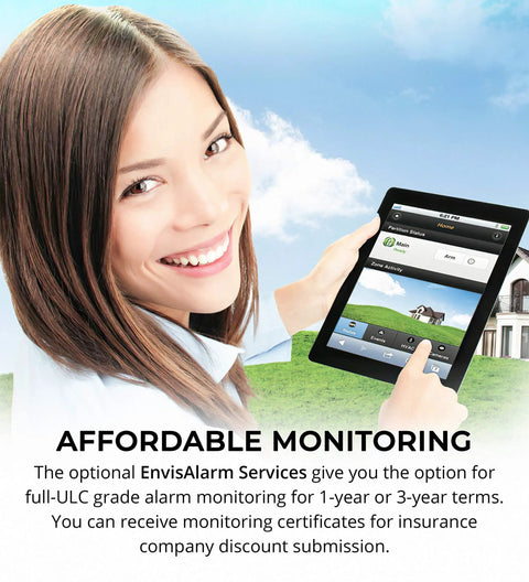 Smiling woman holding tablet with security app interface, promoting EnvisAlarm services for EVL 4EZR IP Security Interface Module.