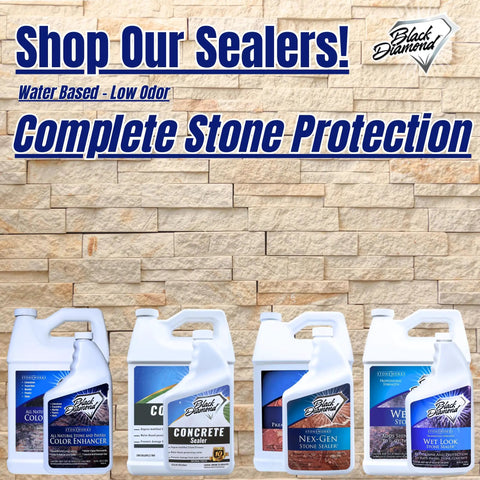 No Sweat Heavy Duty Natural Stone And Grout Penetrating Sealer For Granite Marble Concrete And Tile Floors Deep Water Oil And Grease Shield 4 Gallon on display against a stone wall.