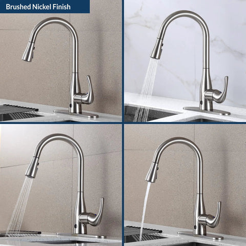 Brushed nickel faucet with high arc and pull-down sprayer, dual spray and stream modes, installed in kitchen sink