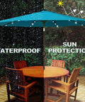 9 Foot Solar LED Patio Umbrella with Tilt and Crank 32 LED Lights, cerulean canopy, rain and sun protection over wooden table