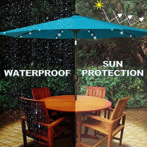 9 Foot Solar LED Patio Umbrella with Tilt and Crank 32 LED Lights, cerulean canopy, rain and sun protection over wooden table