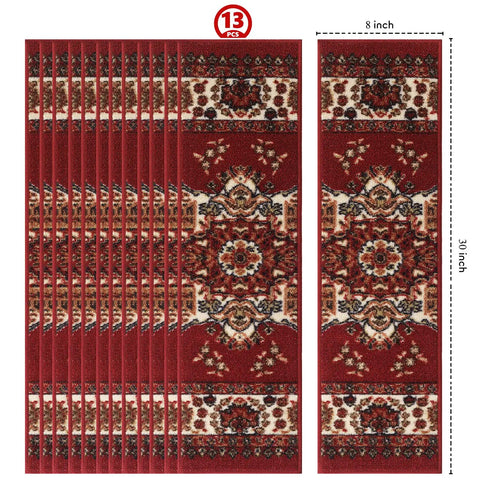Non Slip Stair Treads Set Of 13 Oriental Peel And Stick Alfombras In Bold Red, Easy Install, 8x30 inches, pattern displayed.
