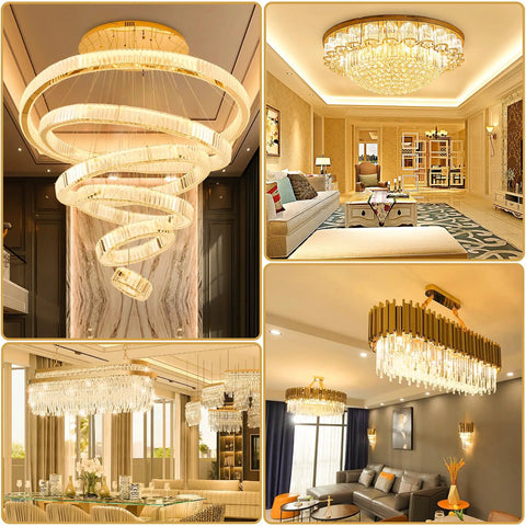Luxury crystal chandeliers in living and dining areas featuring 12 Pack G9 LED Bulbs 4000K Natural Daylight 4W 40W Halogen Equivalent