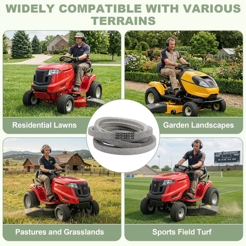 Aramid Replacement Drive Belt for Lawn Mower Decks fits Woods 18879, pictured with various mowers on different terrains.