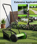 Push Reel Lawn Mower With Five Steel Blades, Walk-Behind Manual Grass Cutter, 11.8 Inch Cutting Width, Adjustable Height From 0.47 To 1.77 Inches, Removable Grass Bag For Easy Yard And Garden Cleanup, shown on a lawn
