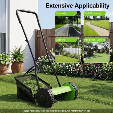 Push Reel Lawn Mower With Five Steel Blades, Walk-Behind Manual Grass Cutter, 11.8 Inch Cutting Width, Adjustable Height From 0.47 To 1.77 Inches, Removable Grass Bag For Easy Yard And Garden Cleanup, shown on a lawn