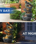5 Tier Cascading Rock Water Fountain With LED Lights For Outdoor And Indoor Use, Resin Water Feature Day and Night View