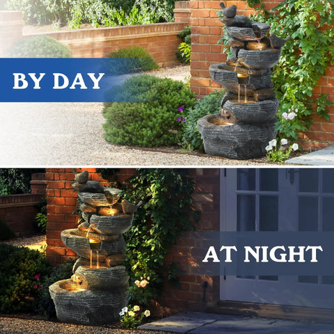 5 Tier Cascading Rock Water Fountain With LED Lights For Outdoor And Indoor Use, Resin Water Feature Day and Night View