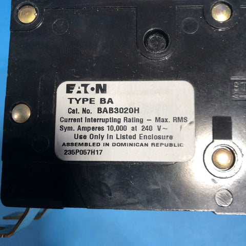3 Pole 20 Amp Bolt On Circuit Breaker BAB3020H for panel installation, showing front label and mounting details