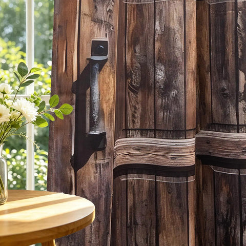 Real Deal Rustic Barn Door Blackout Curtains Featuring Vintage Wood Grain Art Heavy Duty Thermal Insulation Slick Grommet Drapes For Effortless Home Refresh Two Panel Bundle close-up with wooden texture and grommet.