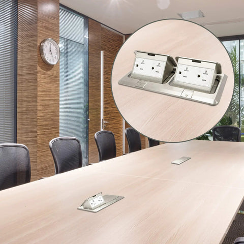 Conference room table with Dual Pop Up Floor Box Kit for Hardwood Carpet and Tile Floors with Watertight Gasket and Corrosion Resistant Hardware