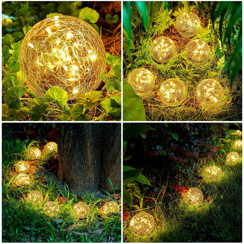 Solar Globe Lights 6 Inch Outdoor Crackled Glass Orbs For Lawn Patio Yard Backyard Decor Waterproof Weatherproof LED Warm Yellow Glow No Wiring Needed No Fuss Install Set Of Four illuminating garden.