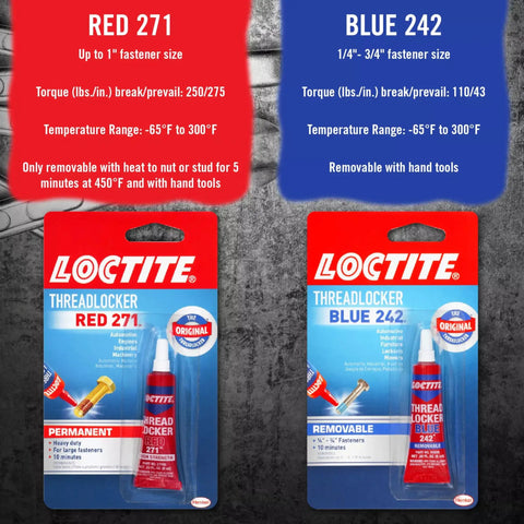 Two LOCTITE Threadlocker glue packs, red 271 for permanent use and blue 242 for removable fastening, each 6ml.