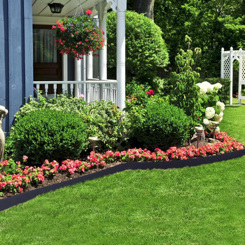 148 Ft Garden Landscape Edging Kit With 4 Inch Tall Border Easy Install DIY Friendly Includes 70 Spiral Anchors And 20 Connectors Black Border Roll defining a flower bed by a porch