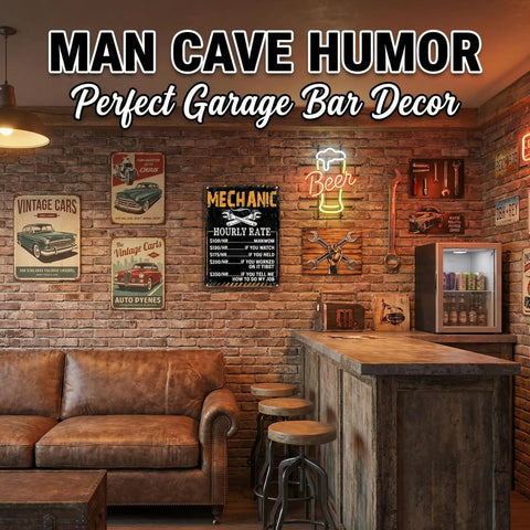 Vintage Badass Mechanic Hourly Rate Metal Wall Sign, Funny Garage Decor For Man Cave Or Shop, Classic Tin Plaque in bar setting.