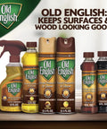 Old English wood care product range including conditioners, sprays, protectors, and cleaners for surface shine and protection.