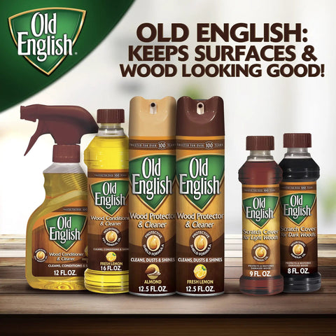 Old English wood care product range including conditioners, sprays, protectors, and cleaners for surface shine and protection.
