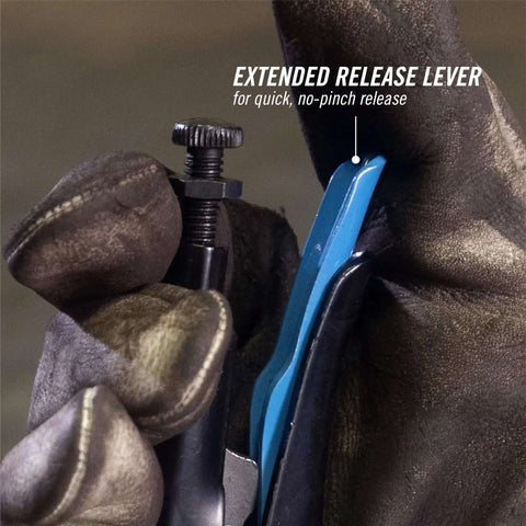 Close-up of Eight Inch Sheet Metal Locking Pliers Model 108 8 extended release lever in use with gloved hand.