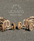 3D Wooden Puzzle Car Kit Inspired By Classic Grand Prix Racer With A Fully Functional V8 Engine, Ultra Detailed U9 Style Mechanical Model You Build And Enjoy, A Hands On Racing Car Project For Adults And Teens. two wooden race car kits on asphalt
