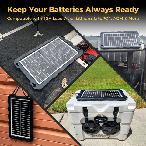 12V Solar Battery Charger Kit With 10W Waterproof Panel And Battery Maintainer Trickle Charger shown in various outdoor setups