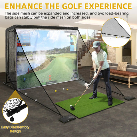 Man practicing on 10x7ft Golf Hitting Net With Side Net And Simulator Cloth Portable Steel Frame Golf Cage in indoor setup.