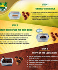 Instructional graphic showing steps to expand Four 1.25 Lb Coco Coir Bricks Expand To Nine Gallons, with images of coir and containers.