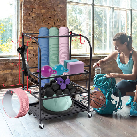 Three Tier Rolling Garage Storage System For Sports Gear And Yoga Mats Beefy Heavy Duty Organizer with yoga mats and dumbbells