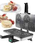 Piccolo Non Stick Electric Pizzelle Baker Makes 4 Mini Italian Cookies At Once with intricate design and waffles plus fresh strawberries.