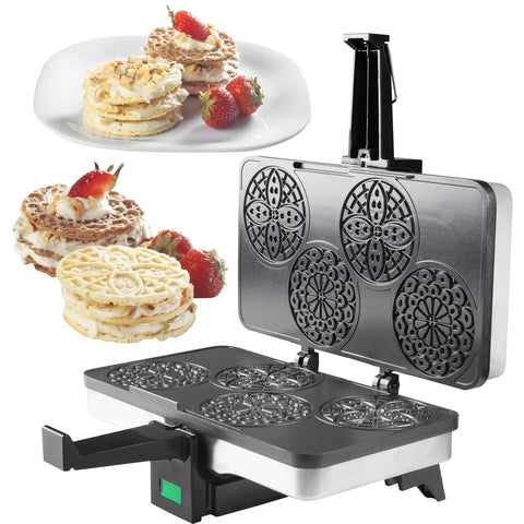 Piccolo Non Stick Electric Pizzelle Baker Makes 4 Mini Italian Cookies At Once with intricate design and waffles plus fresh strawberries.