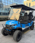 Six Seater Electric Golf Cart With 48V Lithium Battery And Aggressive Off Road Tires for smooth all terrain hauling, blue body.