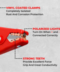 Close-up of Illumi Heavy Duty Jumper Cables Kit clip showing vinyl-coated clamps, polarized lights, strong teeth for grip and conductivity.