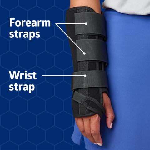 Slip On Wrist And Forearm Splints for Right Arm, Medium, 10 Inch with forearm and wrist straps, easy application shown on arm.