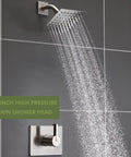All In One Tub And Shower Faucet Set With Brushed Nickel Finish, Six Inch Rain Shower Head, wall mounted with water flow