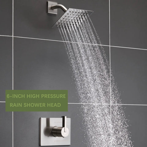 All In One Tub And Shower Faucet Set With Brushed Nickel Finish, Six Inch Rain Shower Head, wall mounted with water flow