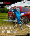 Man loading motorcycle onto truck using Aluminum Dirt Bike Hitch Carrier With Ramp For 2 Inch Class III IV Receiver, Lightweight Fat Tire And E Bike Hauler, 400 Pound Capacity, Non Folding Motorcycle Carrier For Trucks And SUVs, Easy Assembly And Quiet Ride.