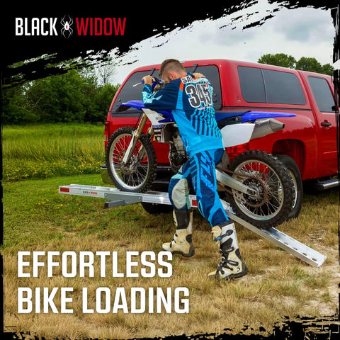 Man loading motorcycle onto truck using Aluminum Dirt Bike Hitch Carrier With Ramp For 2 Inch Class III IV Receiver, Lightweight Fat Tire And E Bike Hauler, 400 Pound Capacity, Non Folding Motorcycle Carrier For Trucks And SUVs, Easy Assembly And Quiet Ride.
