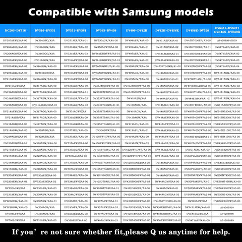 Chart showing Samsung dryer models compatible with the Dryer Heating Element Kit 5 Piece Replacement 5300W 240V.