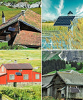 20W 12V Monocrystalline Solar Panel Kit on rustic cabins and rural settings demonstrating off-grid use