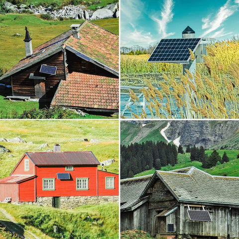 20W 12V Monocrystalline Solar Panel Kit on rustic cabins and rural settings demonstrating off-grid use