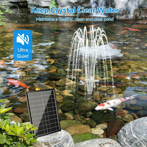 Solar Fountain Pump With Built In 3000mAh Battery Backup And 8W Solar Panel Pond Filter Kit for outdoor ponds and bird baths.