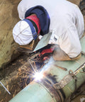 Welder using Lincoln Electric T300 Electrode Holder For DC Welder Only 300 Amp Heavy Duty Clamp Fits 5 32 In Electrodes 60 Percent Duty Cycle K909-6 Made In Cleveland Ohio on pipe