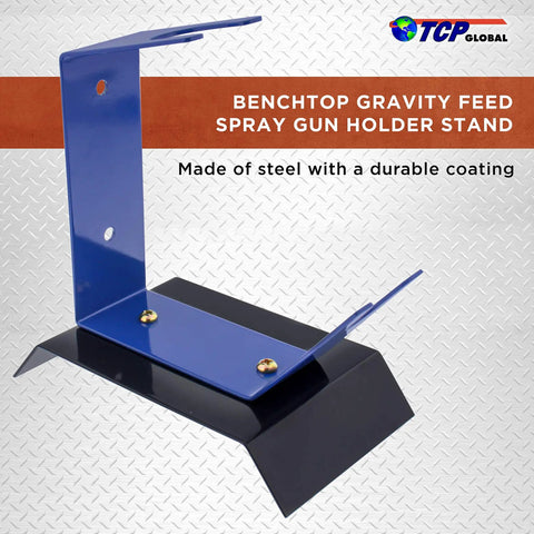 Benchtop Gravity Feed Spray Gun Holder Stand in blue steel shown from side, with stable wide base for auto paint HVLP guns.