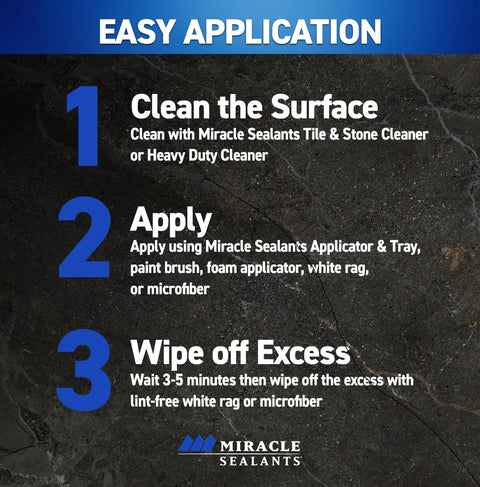 Easy application steps for Pro Grade Penetrating Stone And Tile Sealer With Badass Stain Blocking For Porous Floors and Countertops SCS Gold Approved.